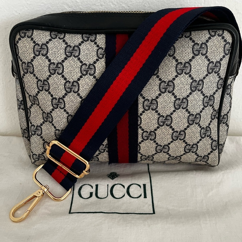 Gucci Web Stripe Cosmetic Pouch Blue Unbrand Strap D-rings Vintage 1970s-1984 - Picture 1 of 17